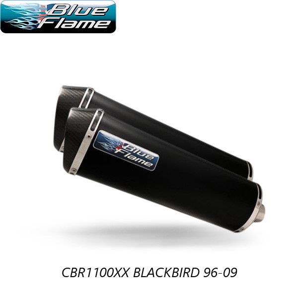 HONDA CBR1100XX BLACKBIRD 1996-2007 PAIR-BLUEFLAME SATIN BLACK WITH CARBON TIP EXHAUSTS