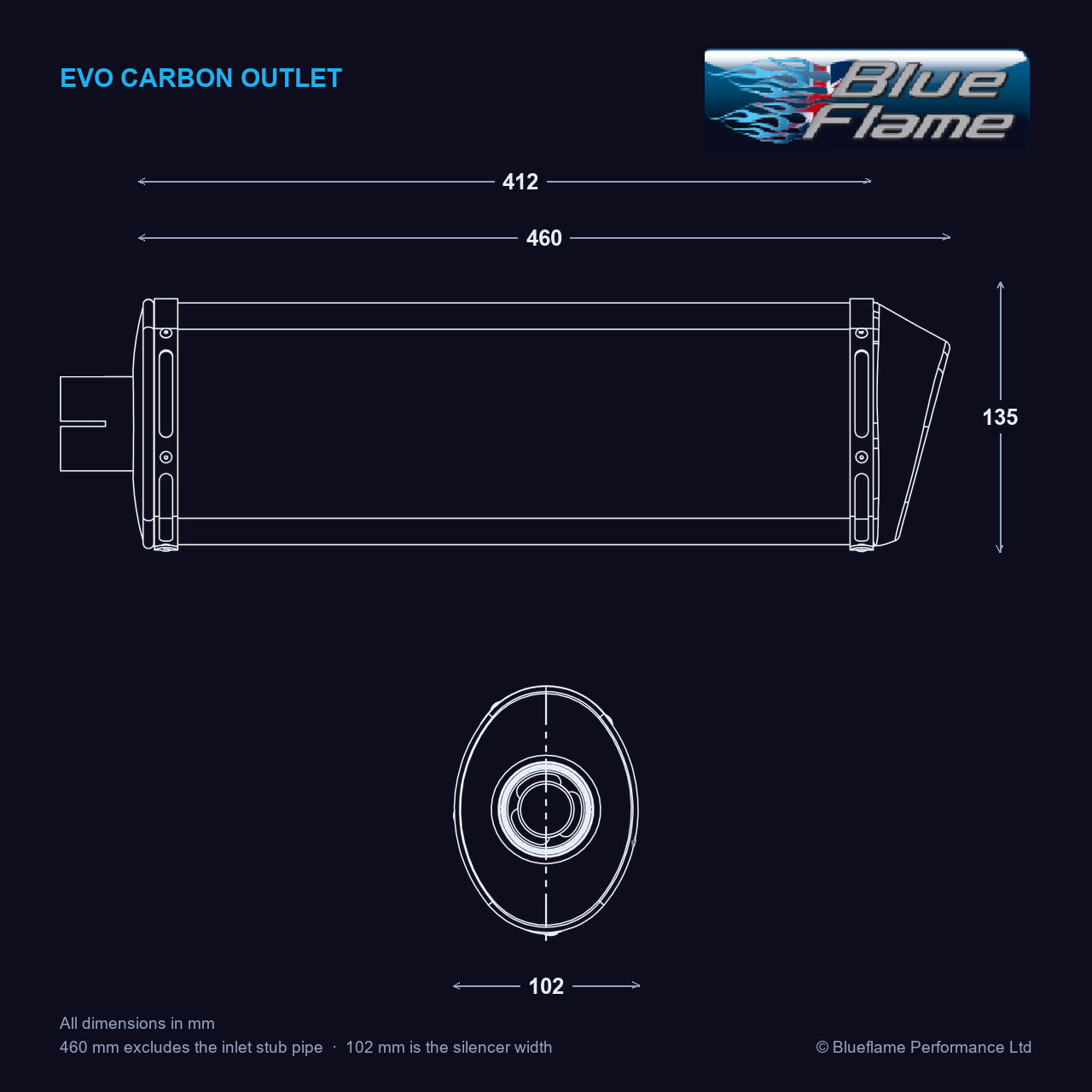 Blueflame EVO Carbon Cap silencer technical drawing with dimensions in mm