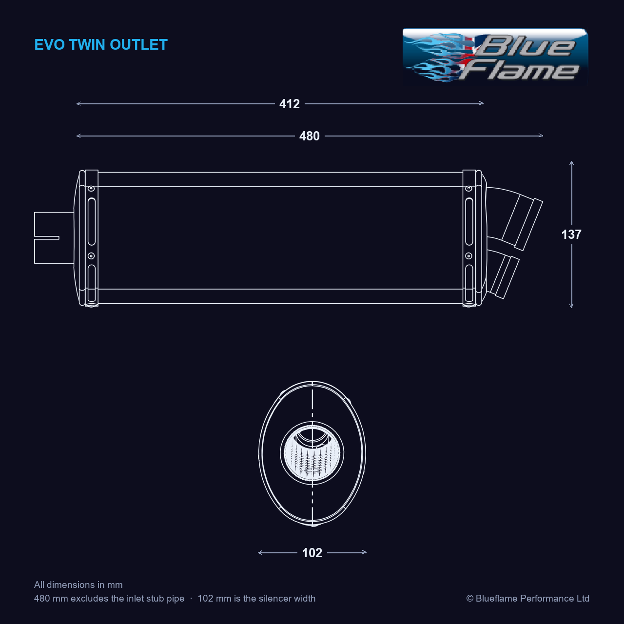 Blueflame EVO Twin Port silencer technical drawing with dimensions in mm